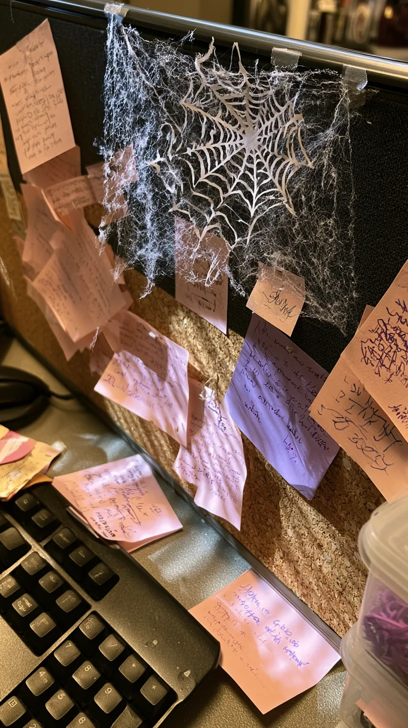 white paper spiderweb taped to the corner of an office corkboard, photo 3 of 4