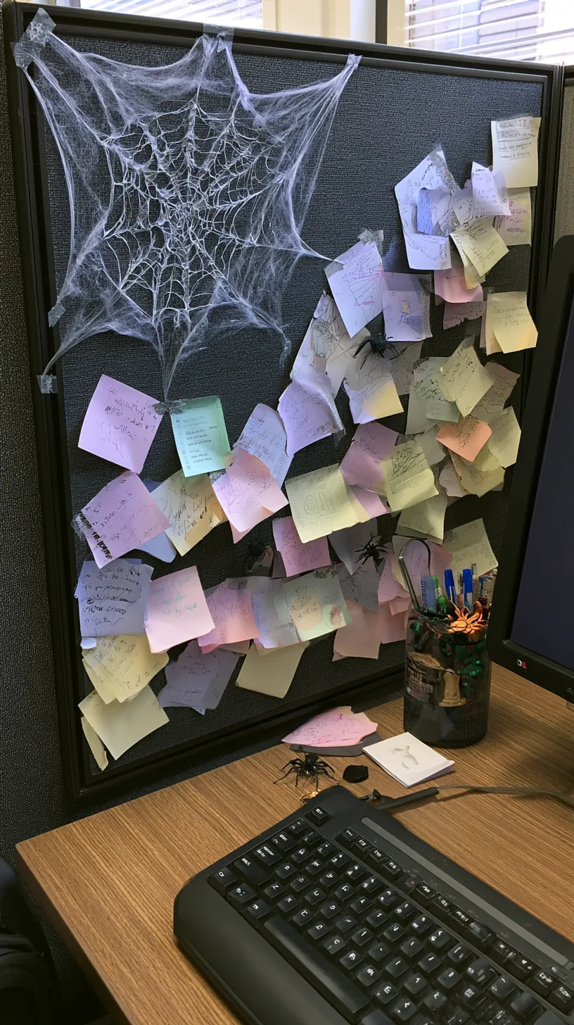 white paper spiderweb taped to the corner of an office corkboard, photo 4 of 4