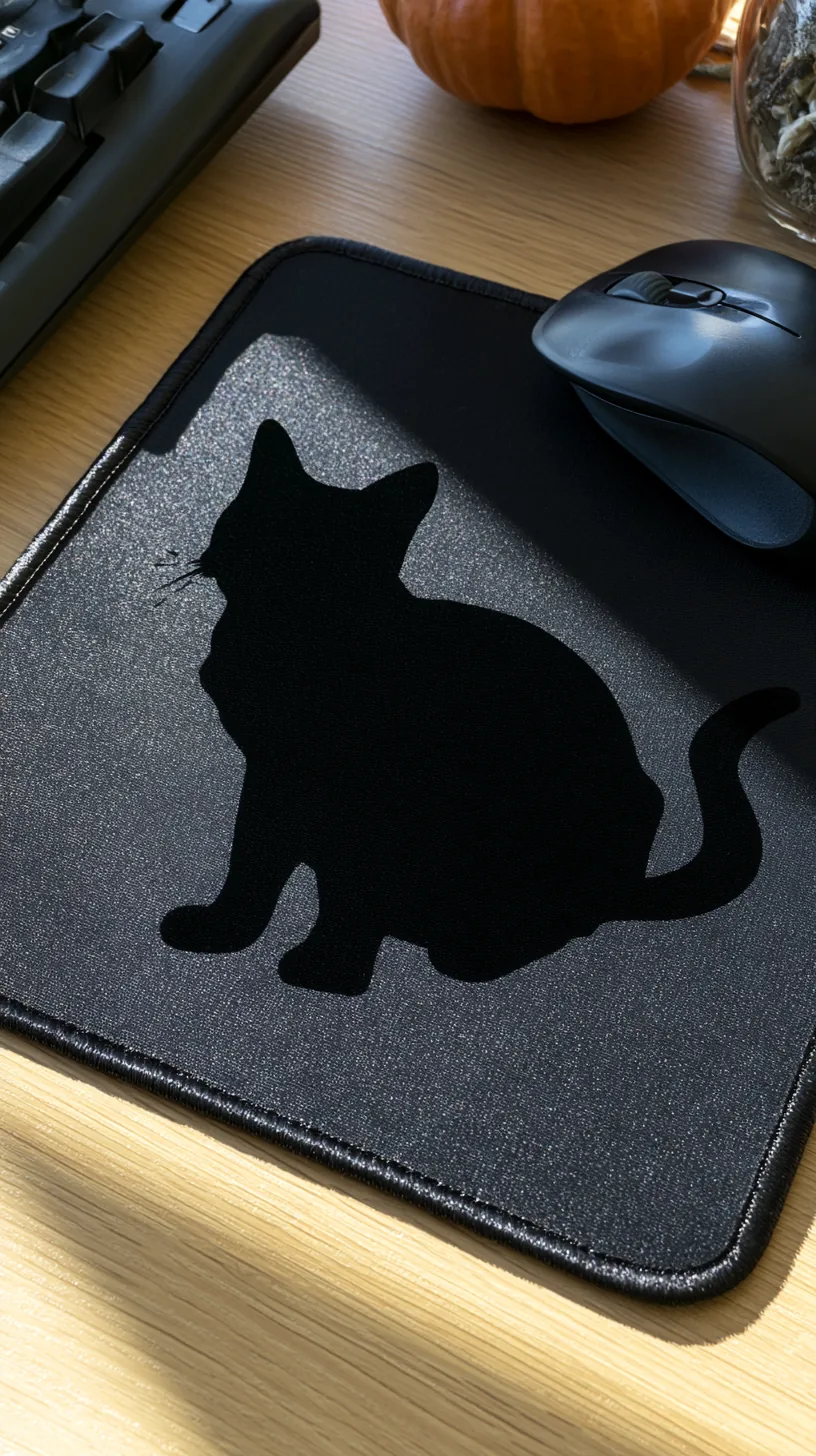black cat silhouette mouse pad on a desk next to a keyboard, photo 1 of 3