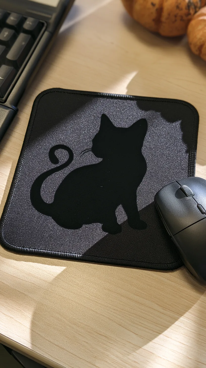 black cat silhouette mouse pad on a desk next to a keyboard, photo 2 of 3