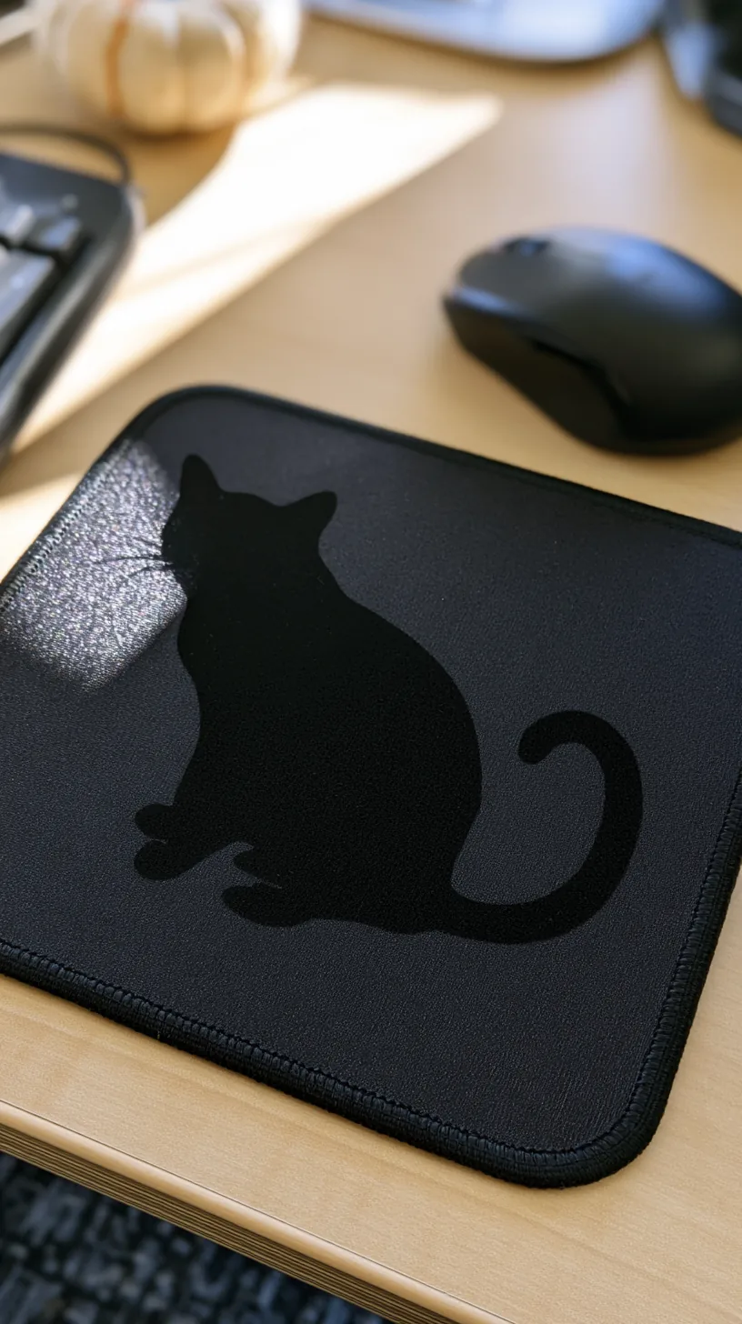 black cat silhouette mouse pad on a desk next to a keyboard, photo 3 of 3