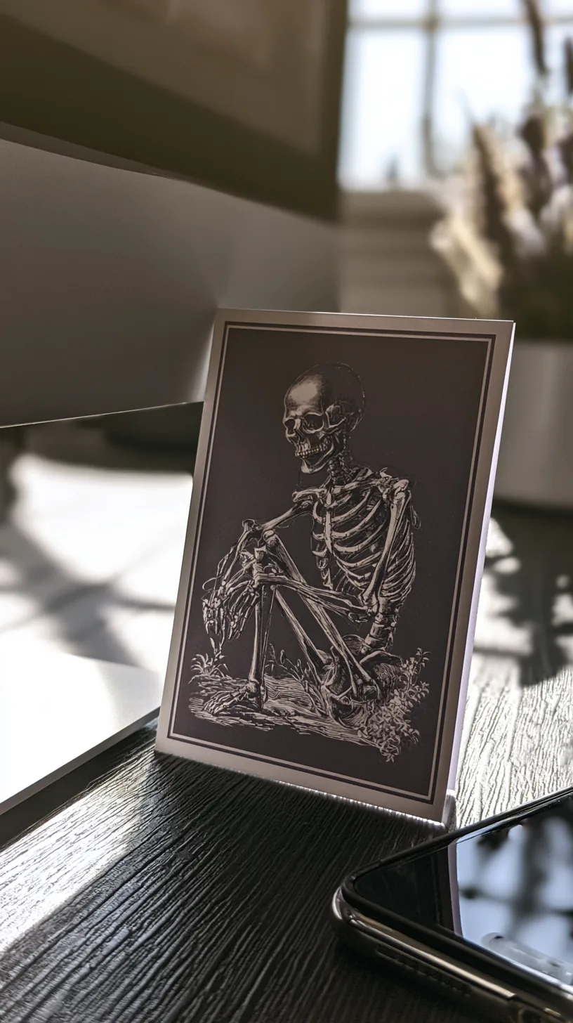 small folding skeleton greeting card propped against a desktop monitor base, photo 1 of 4