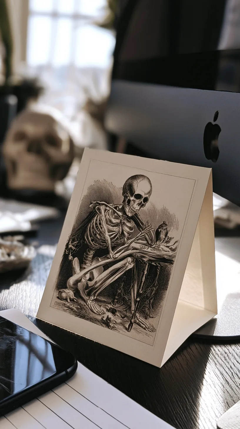 small folding skeleton greeting card propped against a desktop monitor base, photo 2 of 4