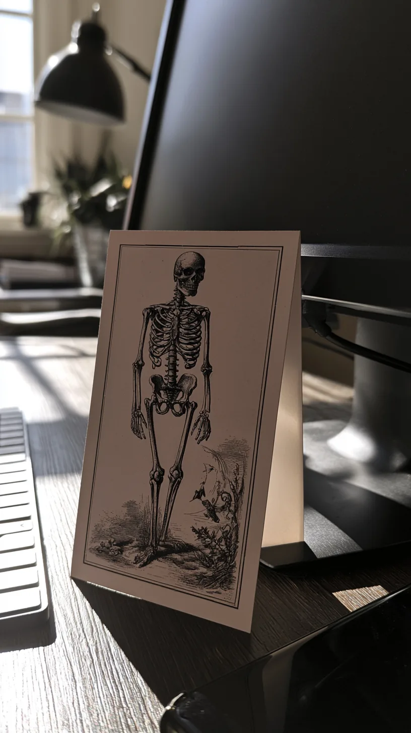 small folding skeleton greeting card propped against a desktop monitor base, photo 3 of 4