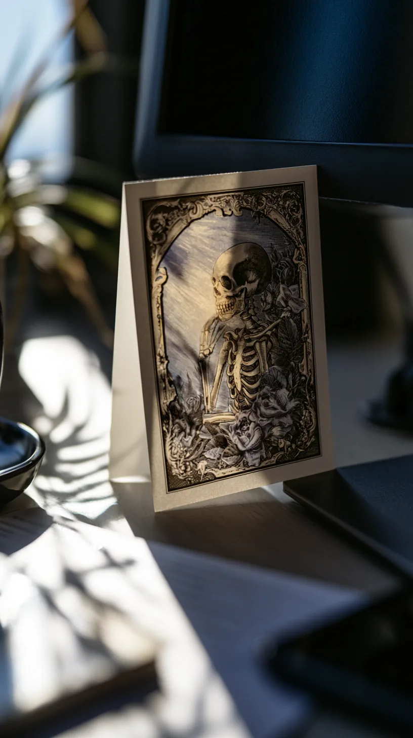small folding skeleton greeting card propped against a desktop monitor base, photo 4 of 4