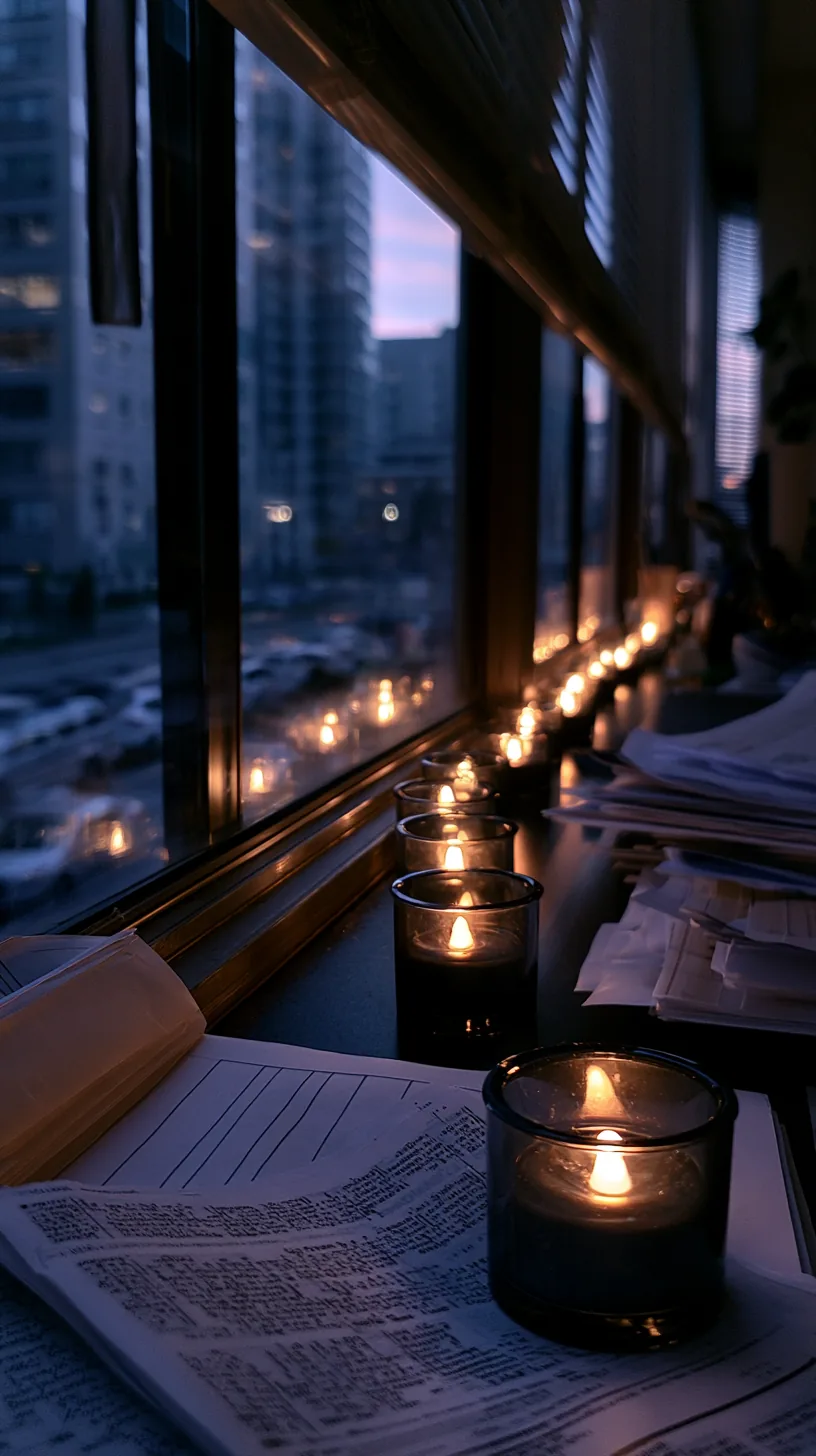 row of flameless battery tea lights lined along an office window sill, photo 1 of 4