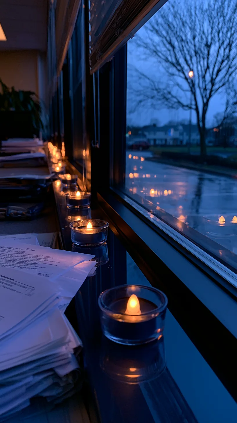row of flameless battery tea lights lined along an office window sill, photo 2 of 4