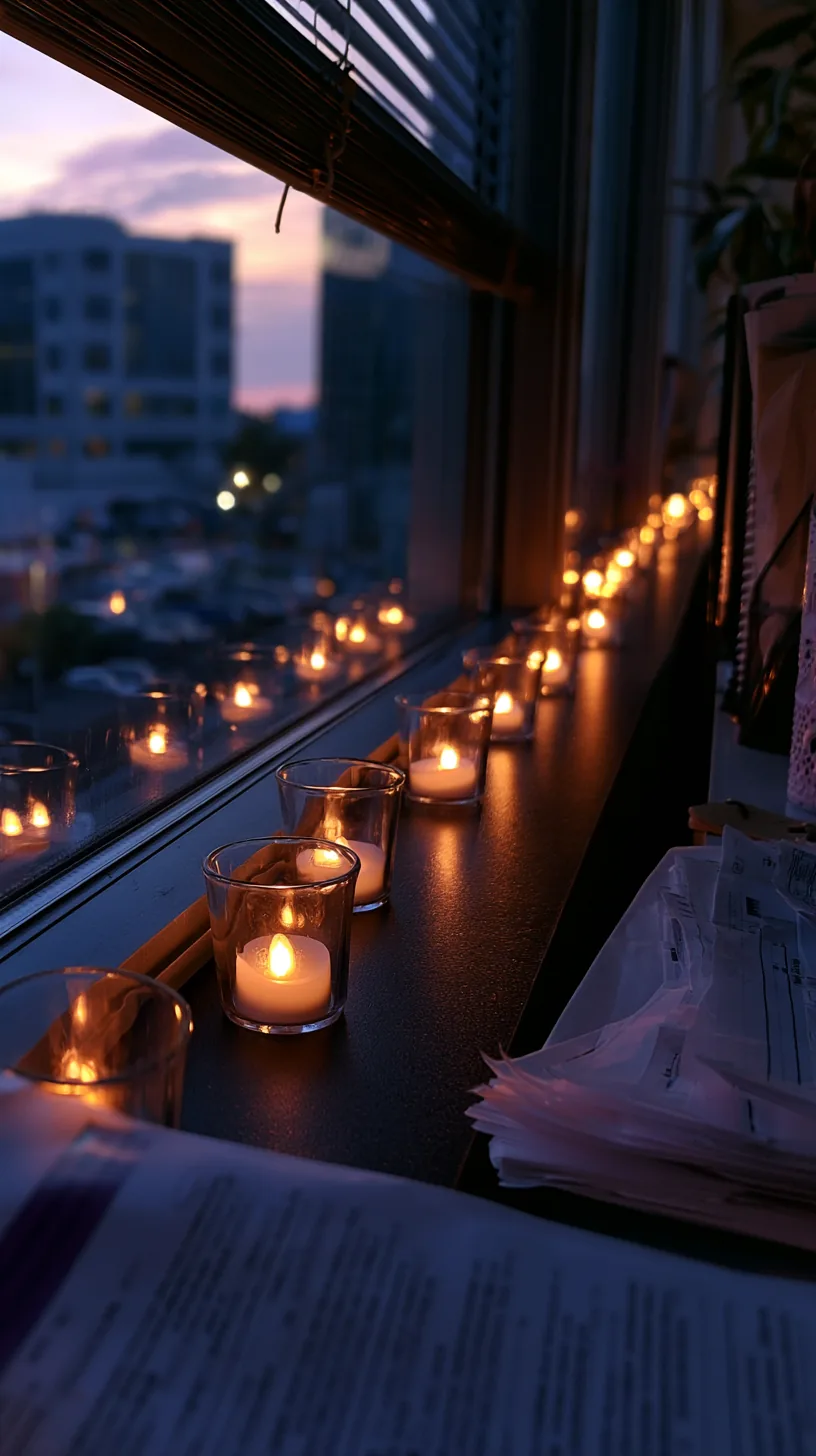 row of flameless battery tea lights lined along an office window sill, photo 3 of 4