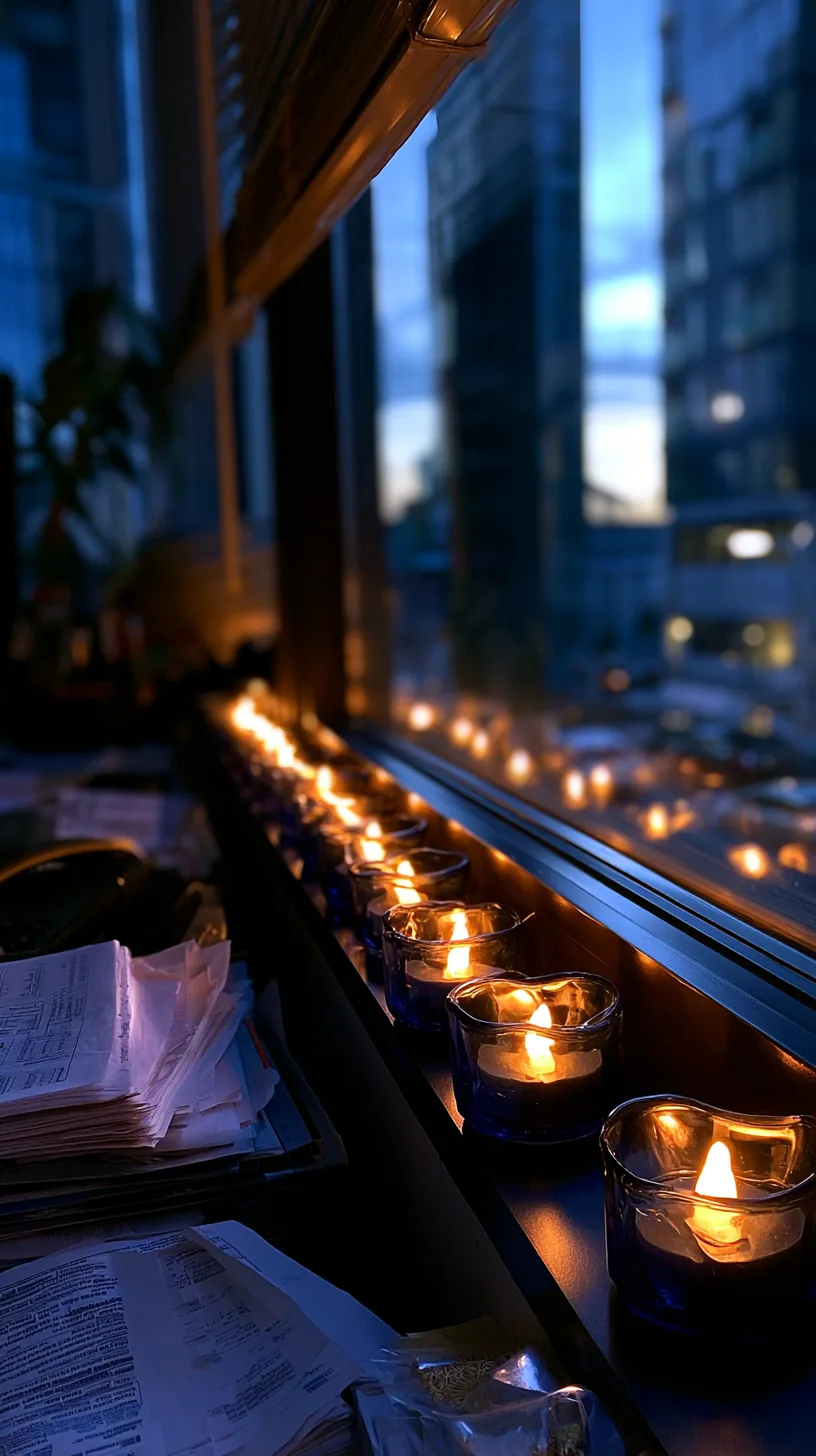 row of flameless battery tea lights lined along an office window sill, photo 4 of 4