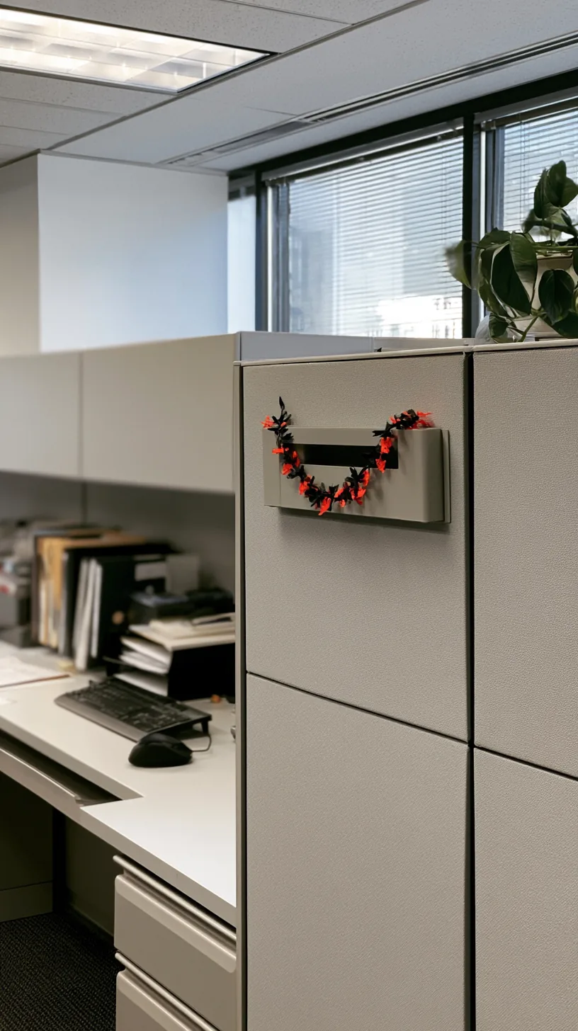 tiny orange and black garland clipped around a cubicle nameplate holder, photo 2 of 4