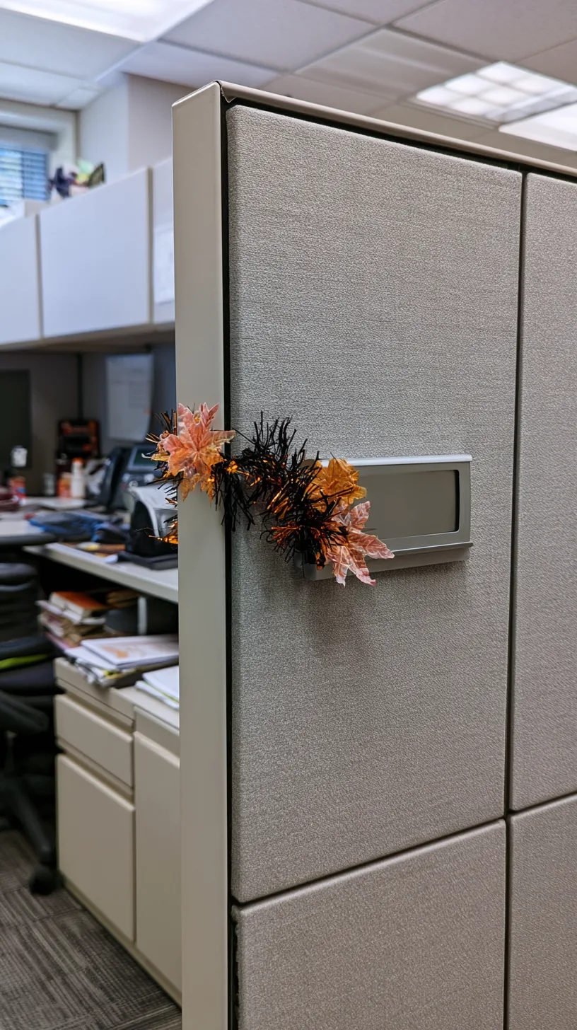 tiny orange and black garland clipped around a cubicle nameplate holder, photo 3 of 4