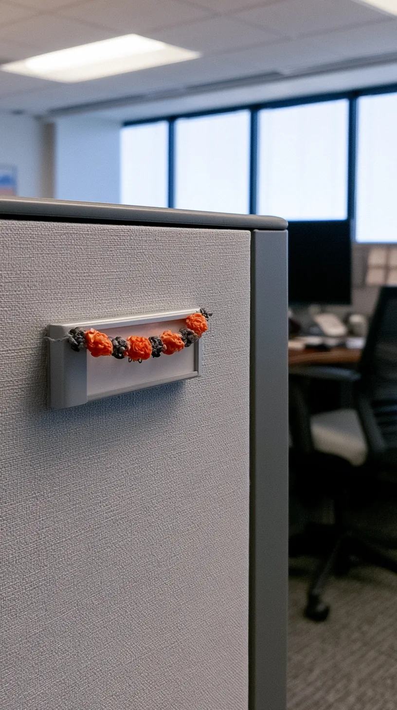 tiny orange and black garland clipped around a cubicle nameplate holder, photo 4 of 4