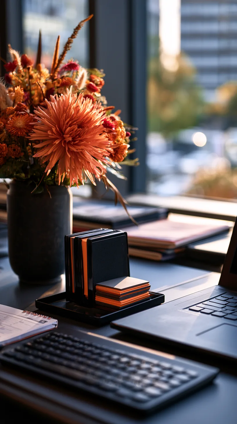 stack of orange and black sticky notes sitting on an office desk, photo 1 of 4