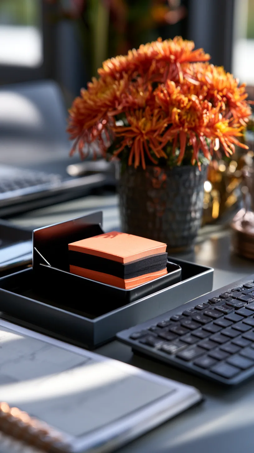 stack of orange and black sticky notes sitting on an office desk, photo 3 of 4