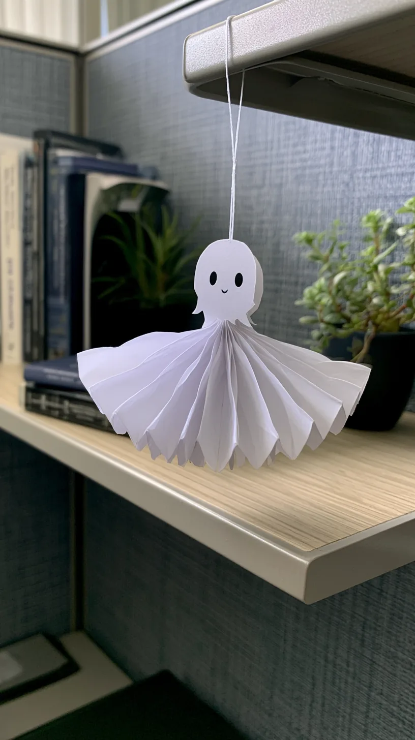 white paper fan ghost decoration hanging from the edge of an office shelf, photo 1 of 4