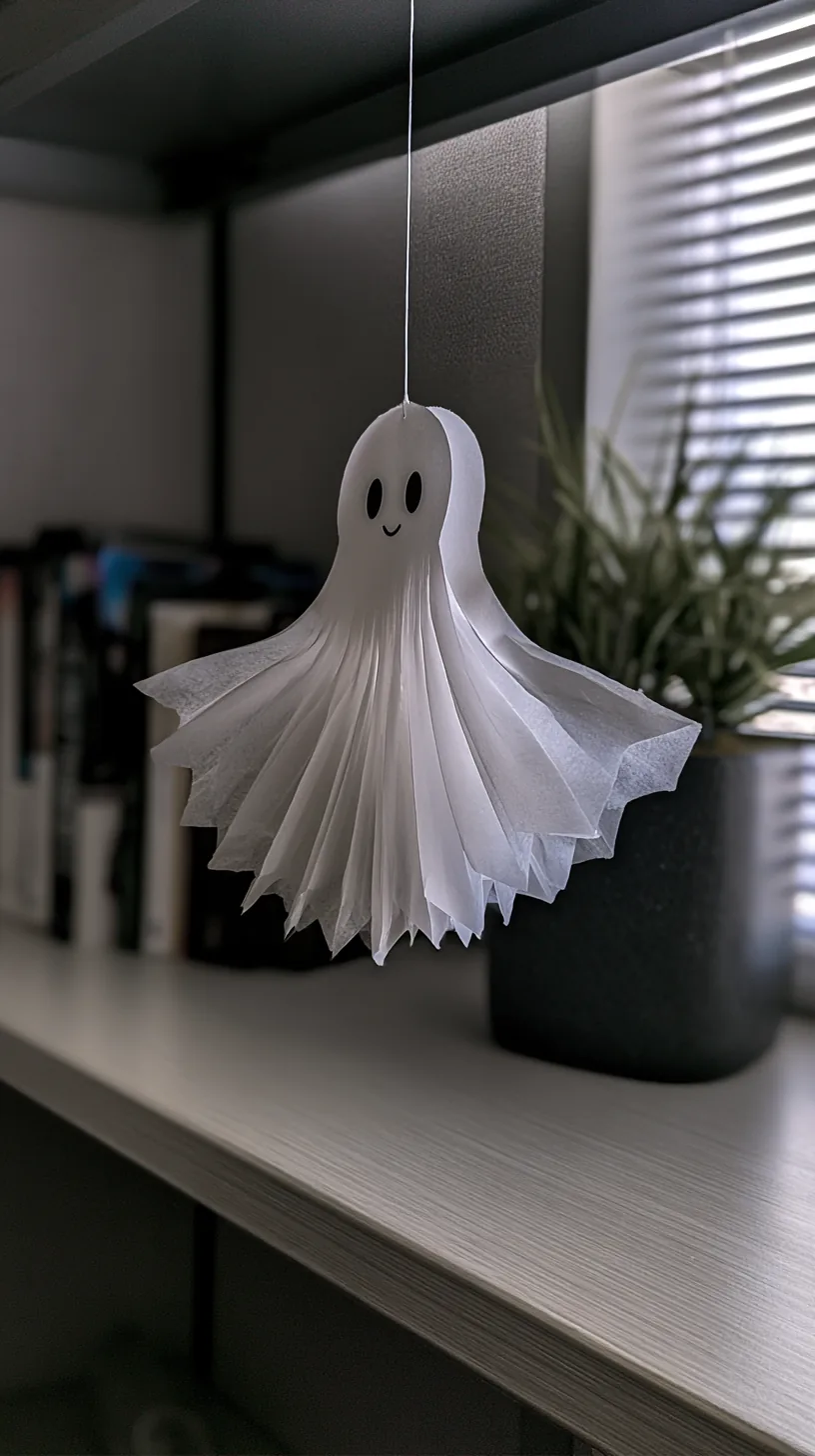 white paper fan ghost decoration hanging from the edge of an office shelf, photo 2 of 4