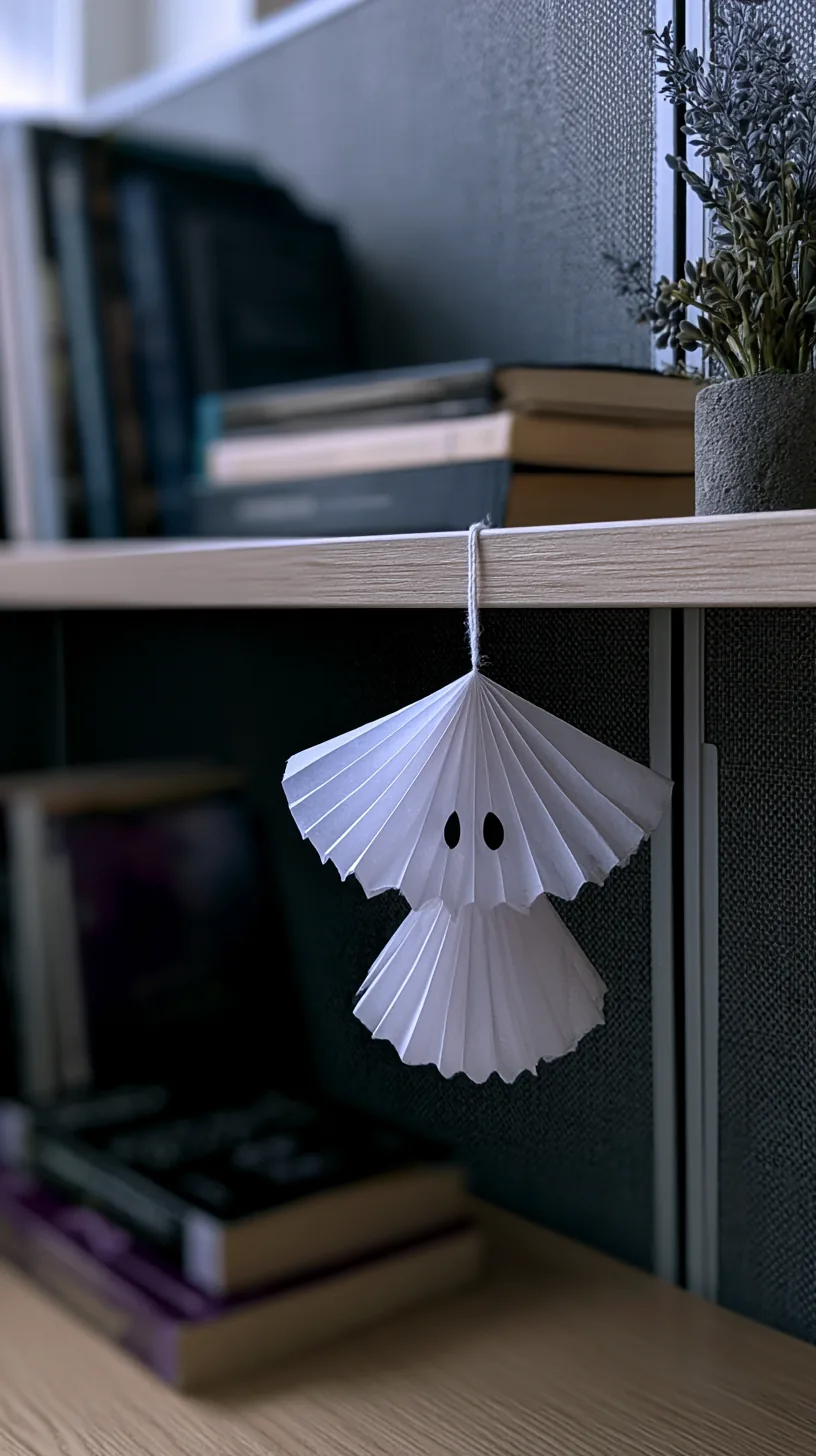 white paper fan ghost decoration hanging from the edge of an office shelf, photo 3 of 4