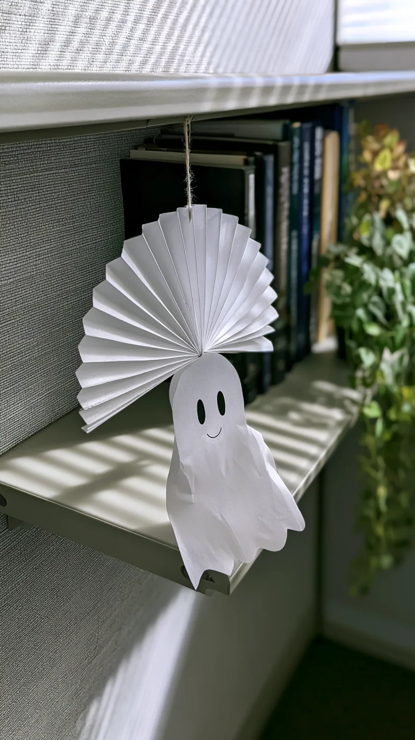 white paper fan ghost decoration hanging from the edge of an office shelf, photo 4 of 4