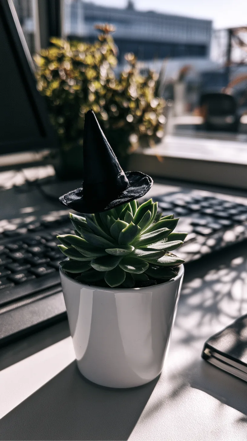 small desk succulent topped with a tiny witch hat decoration, photo 1 of 4