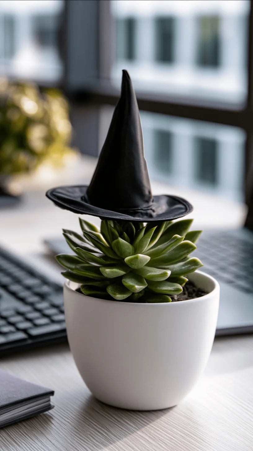 small desk succulent topped with a tiny witch hat decoration, photo 2 of 4