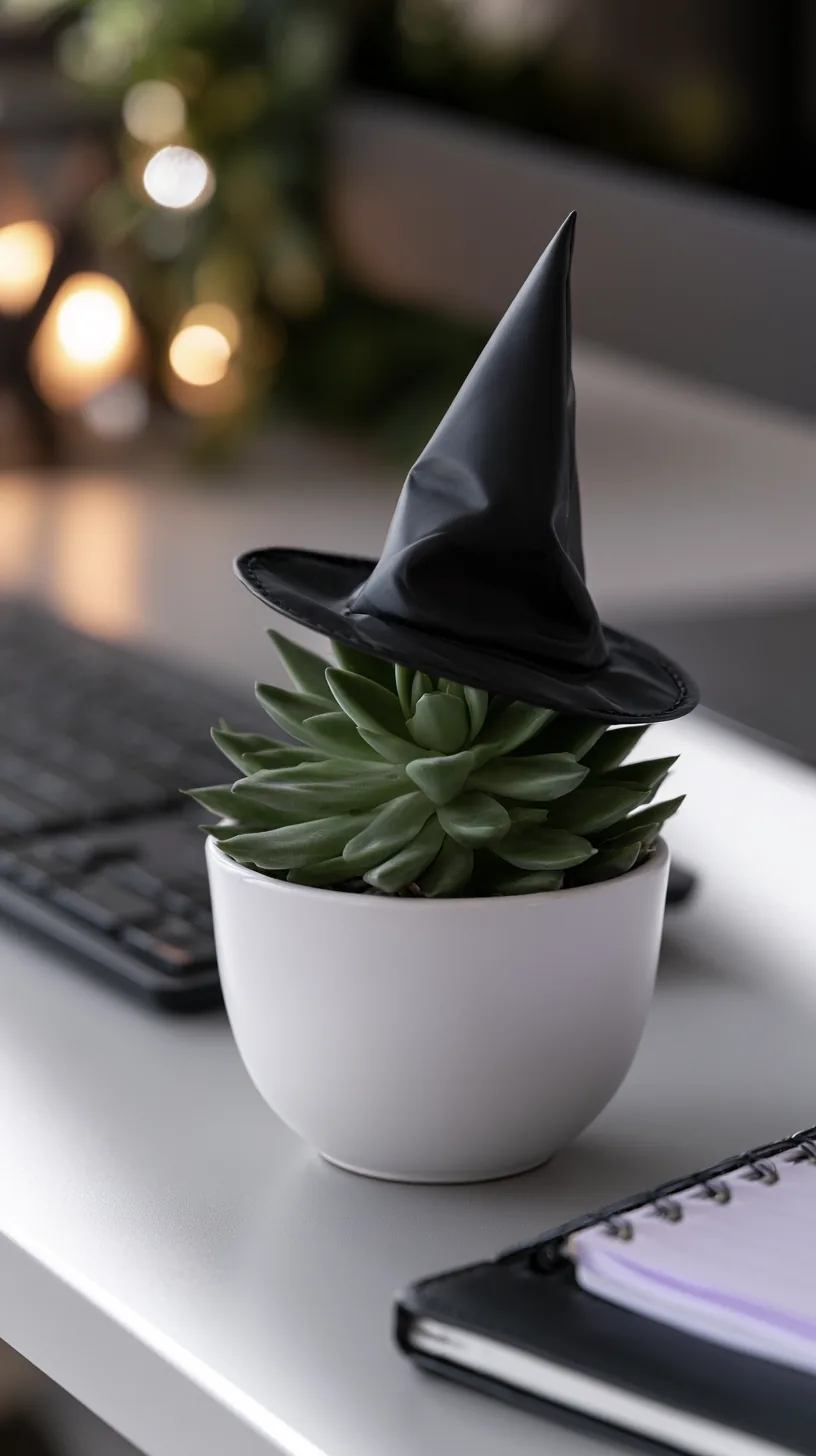 small desk succulent topped with a tiny witch hat decoration, photo 3 of 4