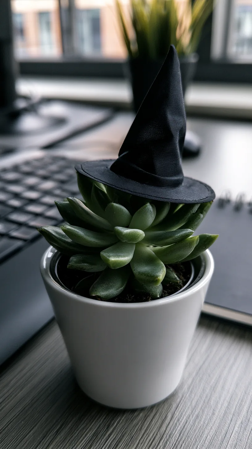 small desk succulent topped with a tiny witch hat decoration, photo 4 of 4