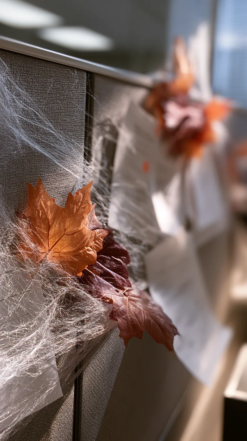 faux cobwebs and dried fall leaves pinned to an office bulletin board, photo 1 of 4
