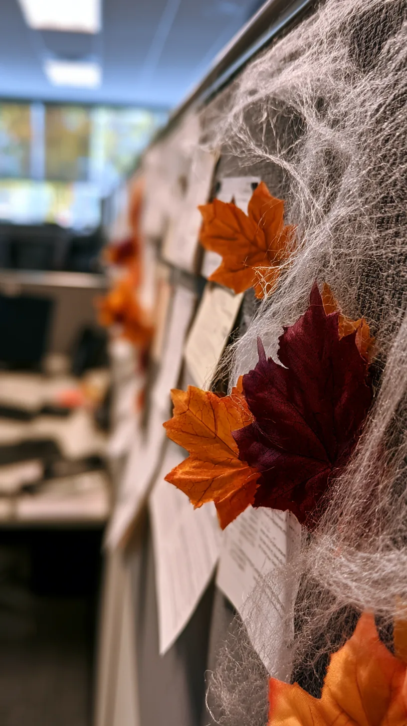 faux cobwebs and dried fall leaves pinned to an office bulletin board, photo 2 of 4