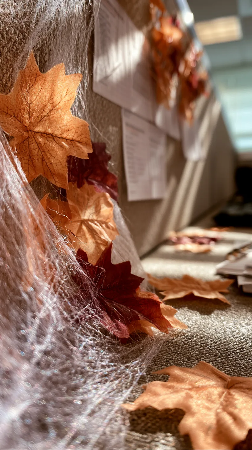 faux cobwebs and dried fall leaves pinned to an office bulletin board, photo 3 of 4