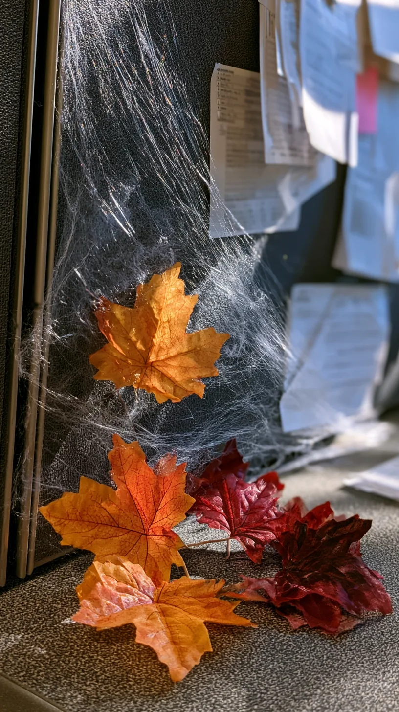 faux cobwebs and dried fall leaves pinned to an office bulletin board, photo 4 of 4