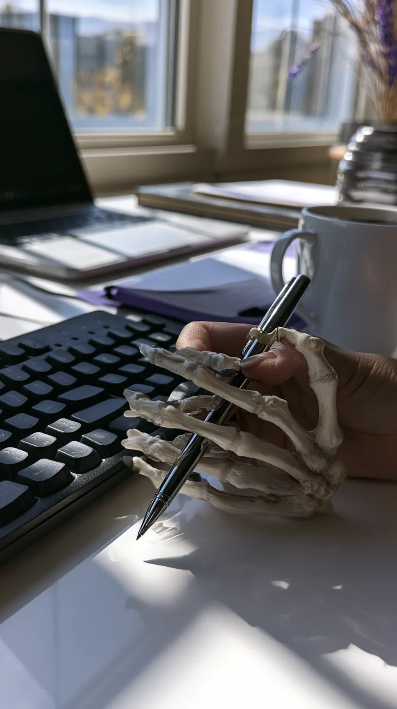 small plastic skeleton hand holding pens beside a keyboard on a desk, photo 1 of 4
