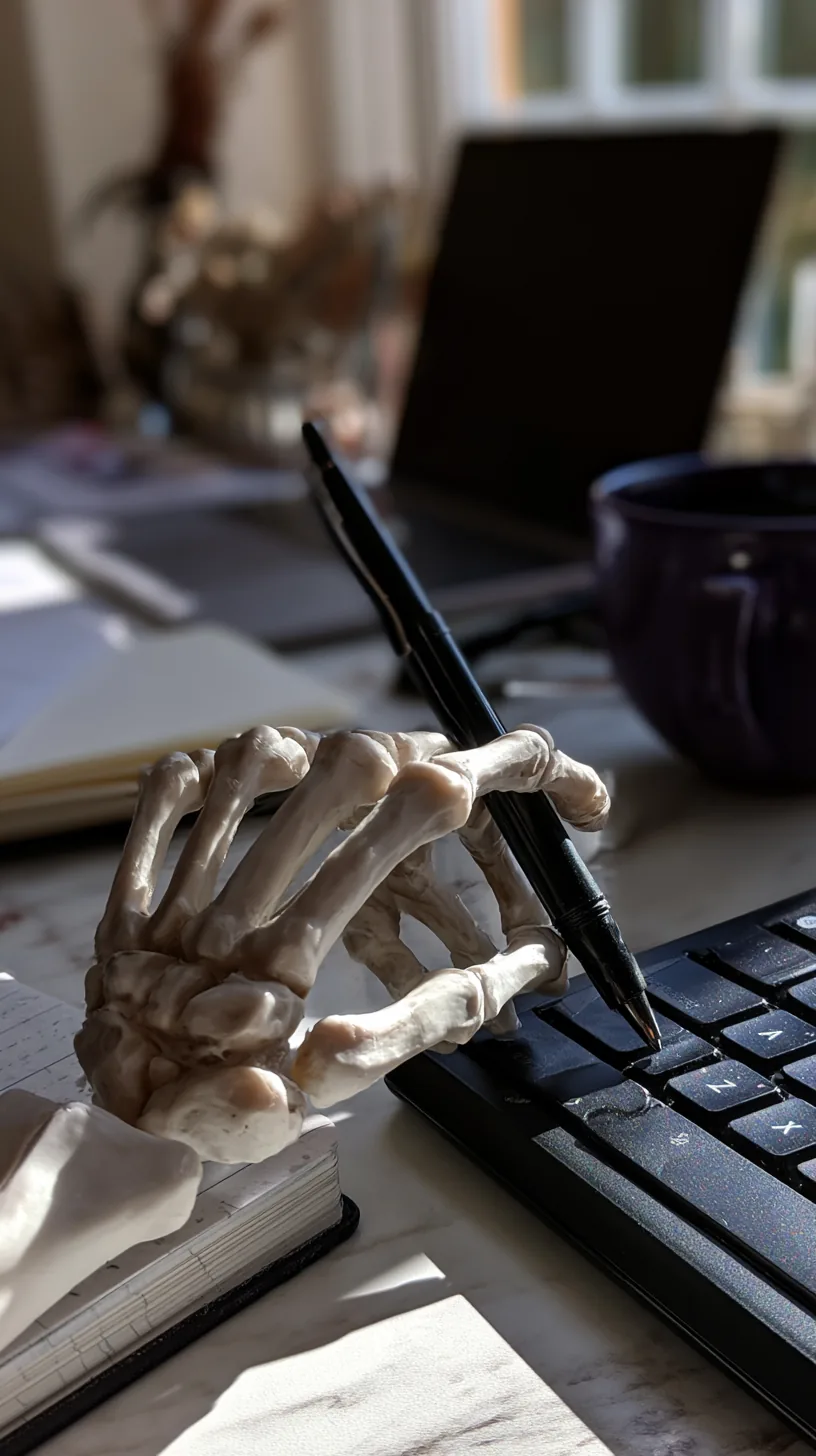small plastic skeleton hand holding pens beside a keyboard on a desk, photo 2 of 4