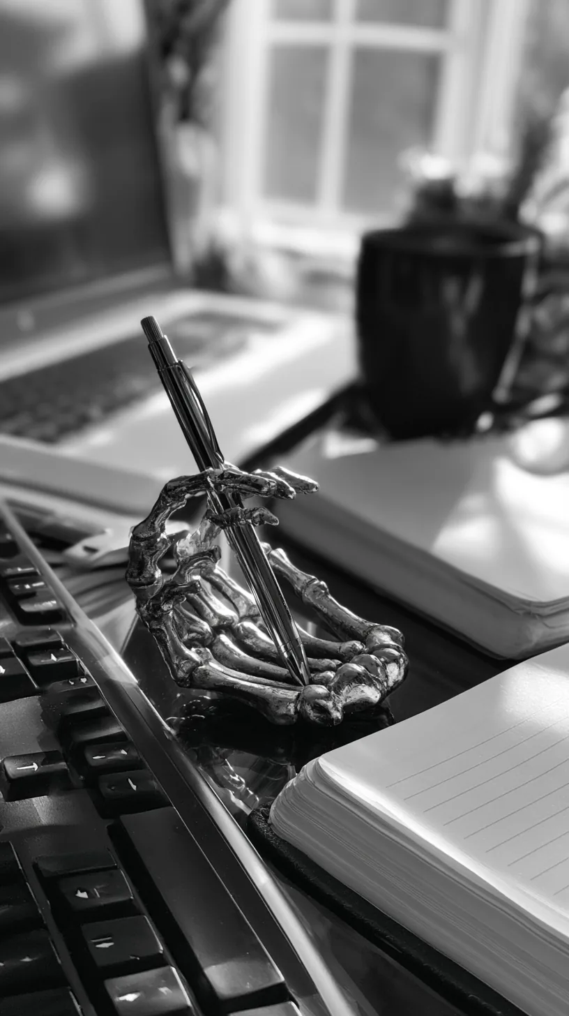 small plastic skeleton hand holding pens beside a keyboard on a desk, photo 3 of 4