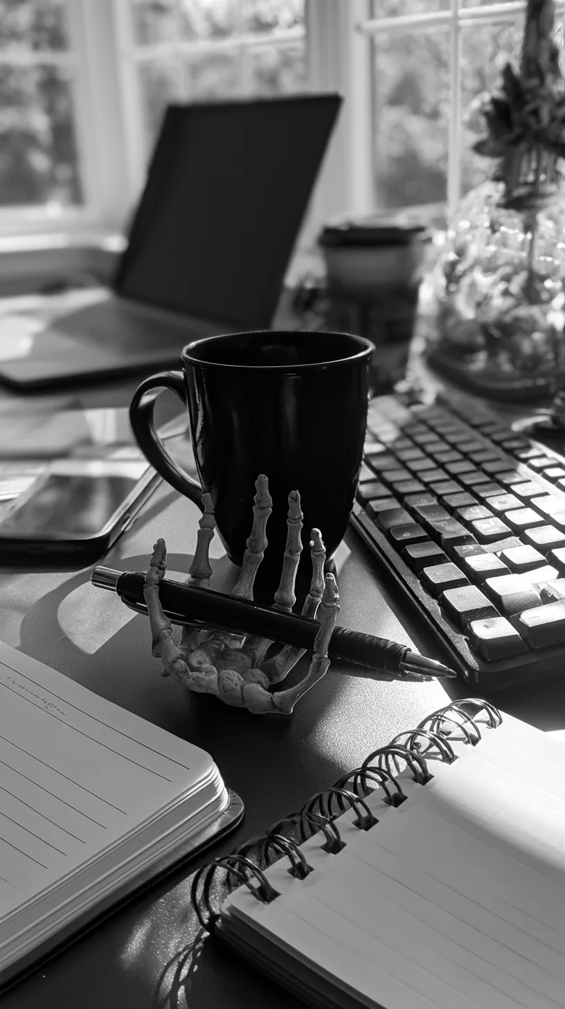 small plastic skeleton hand holding pens beside a keyboard on a desk, photo 4 of 4