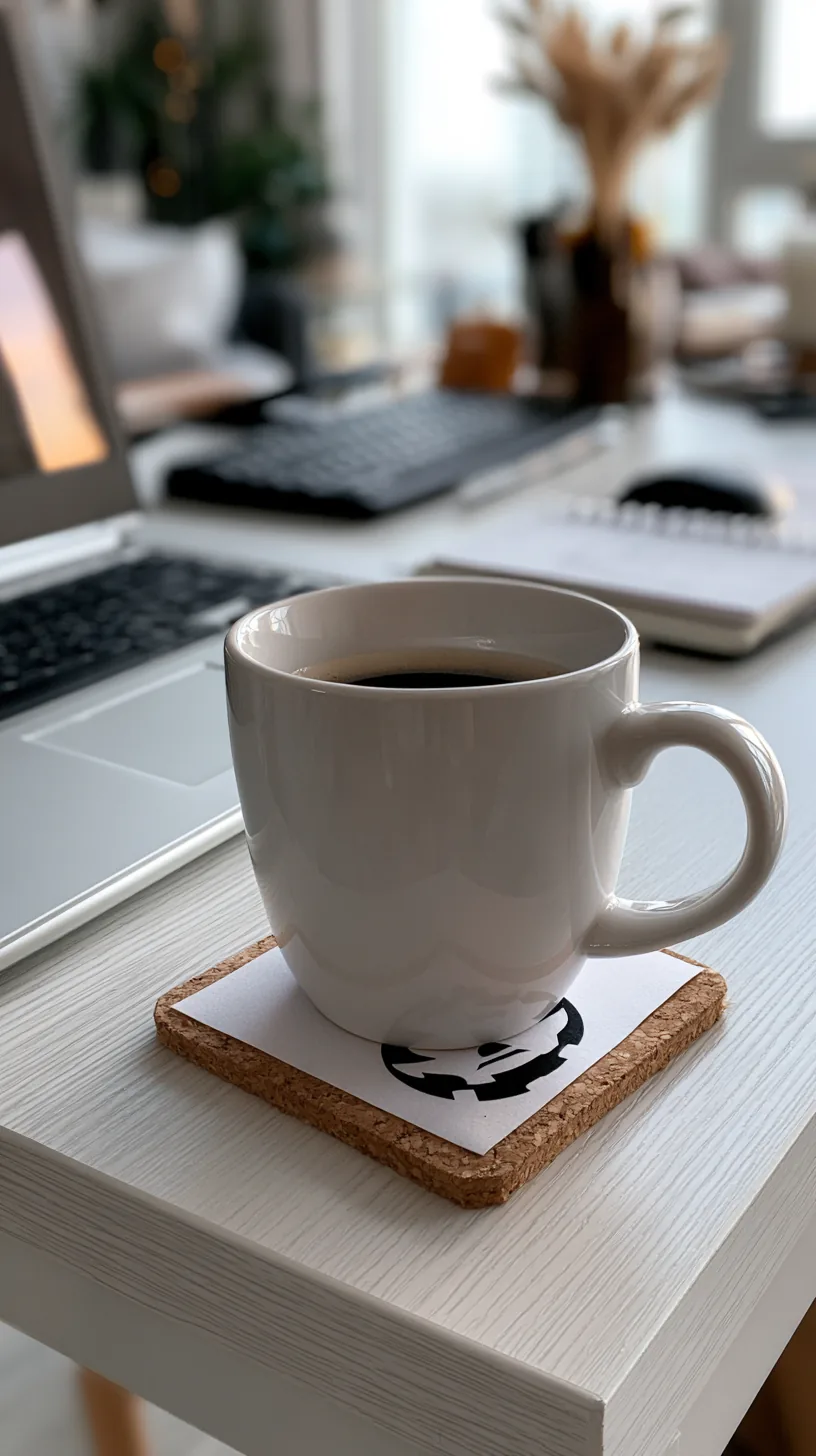 jack-o-lantern printed coaster under a coffee mug on a desk, photo 1 of 4