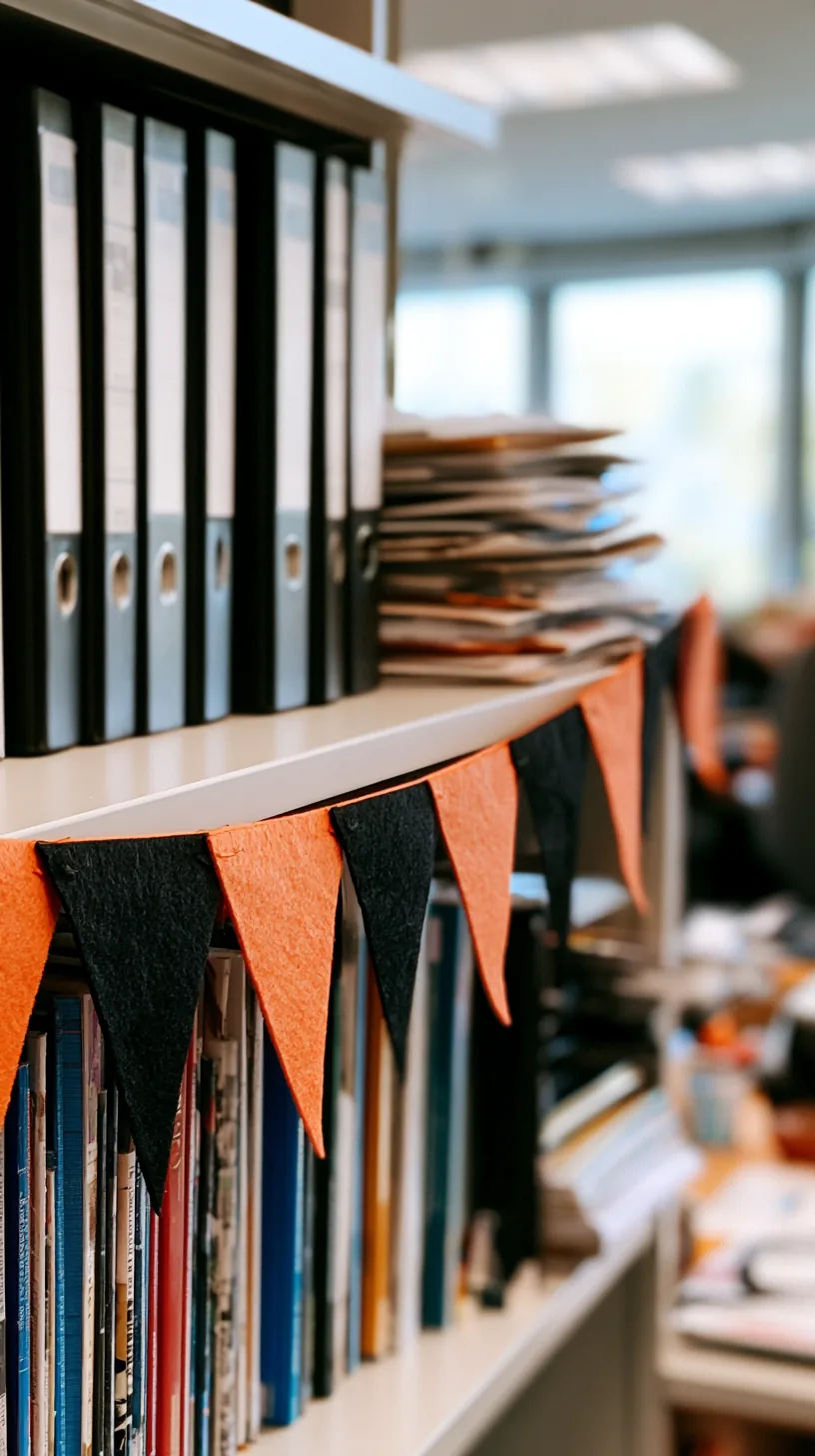 small triangular fabric pennant banner strung along an office shelf edge, photo 1 of 4
