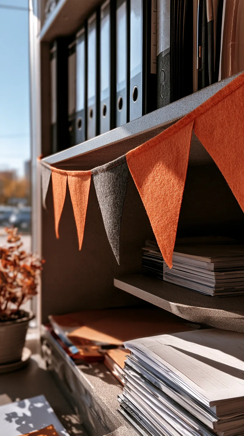 small triangular fabric pennant banner strung along an office shelf edge, photo 2 of 4