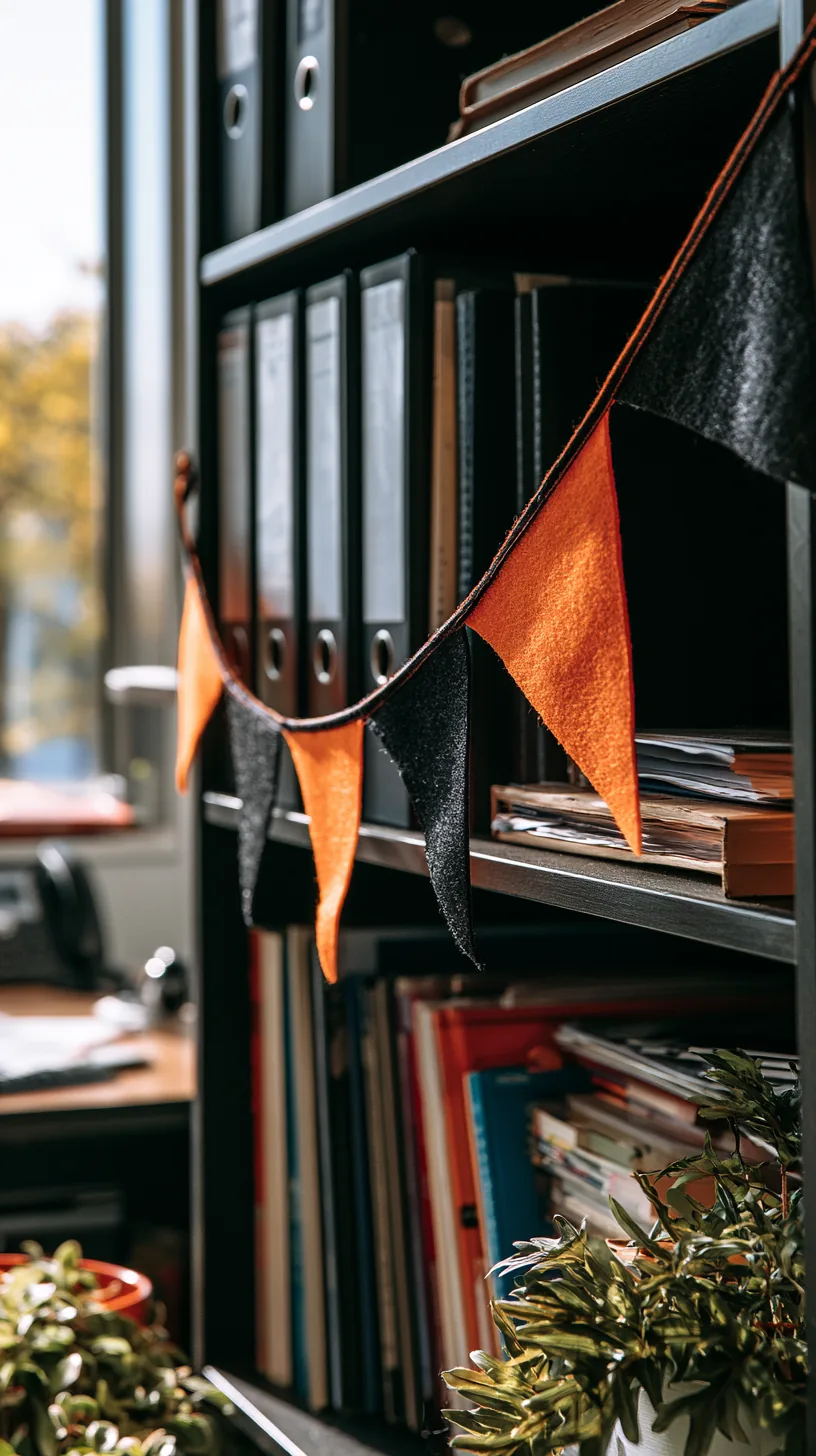 small triangular fabric pennant banner strung along an office shelf edge, photo 3 of 4