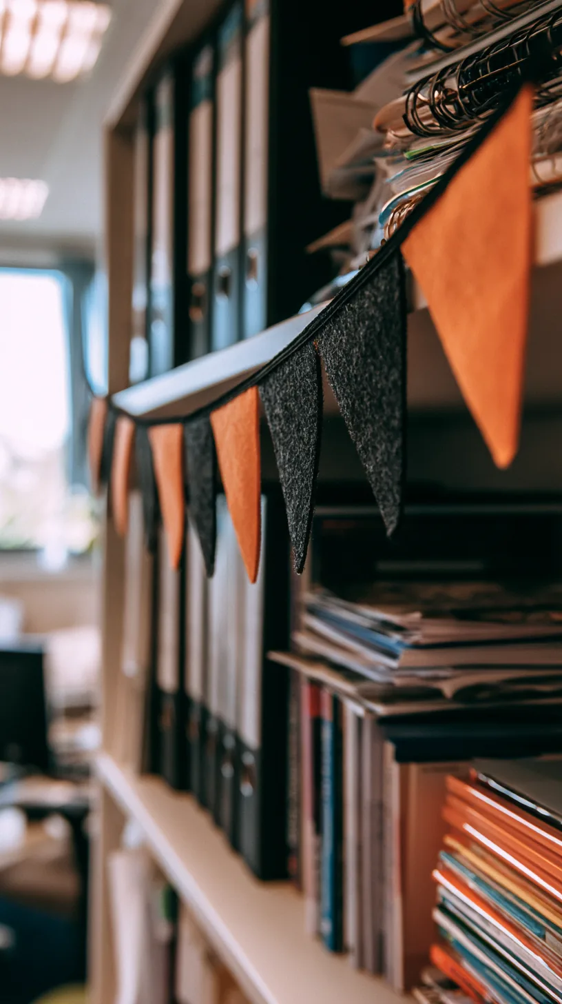 small triangular fabric pennant banner strung along an office shelf edge, photo 4 of 4