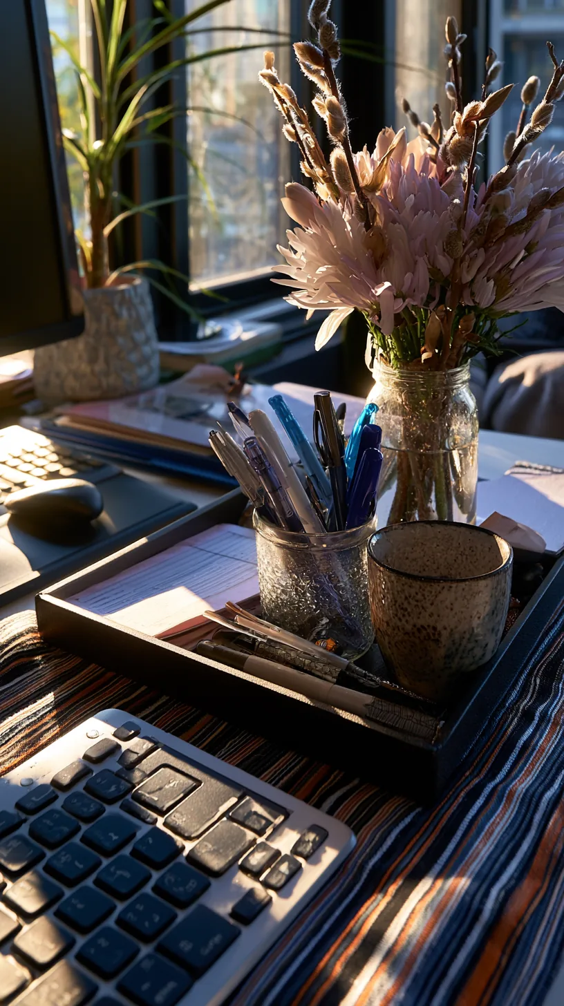 black and orange striped fabric runner layered under a desk organizer tray, photo 1 of 4