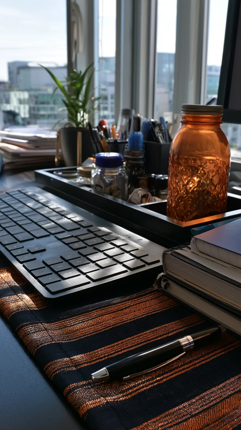 black and orange striped fabric runner layered under a desk organizer tray, photo 2 of 4
