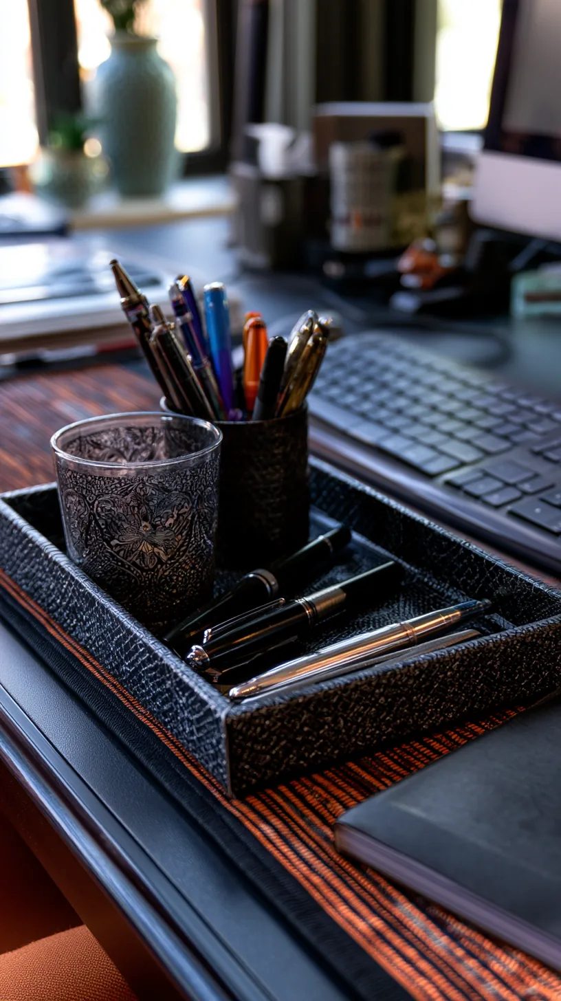 black and orange striped fabric runner layered under a desk organizer tray, photo 3 of 4