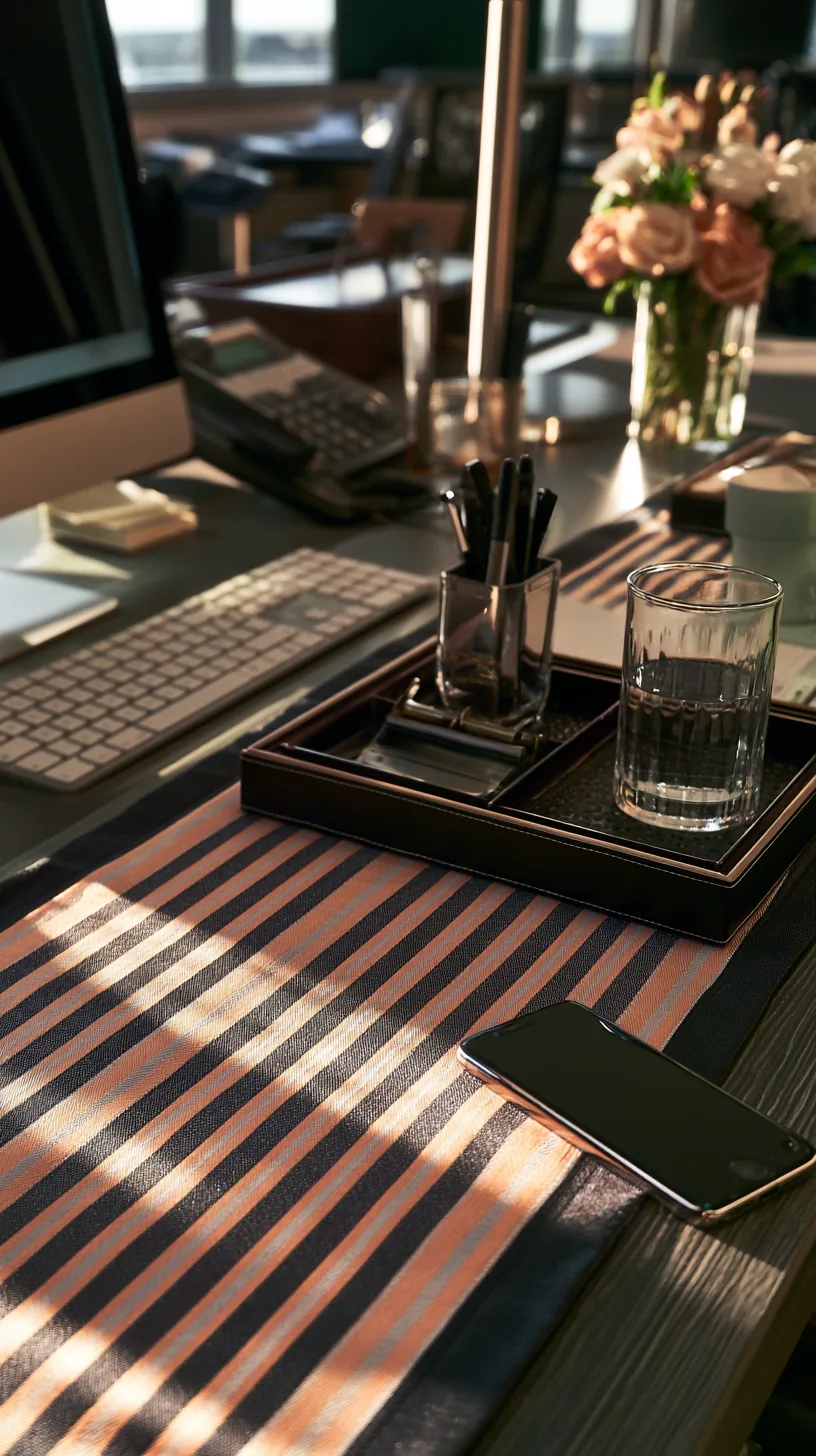 black and orange striped fabric runner layered under a desk organizer tray, photo 4 of 4