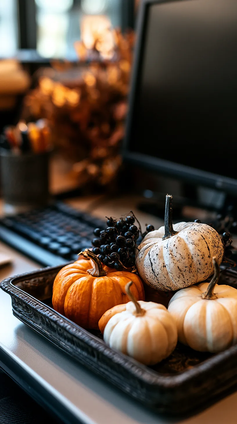 mini faux pumpkins stacked in a small vintage metal tray beside a monitor, photo 1 of 4