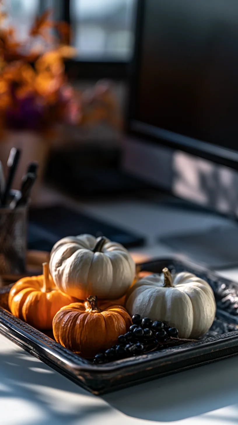 mini faux pumpkins stacked in a small vintage metal tray beside a monitor, photo 2 of 4