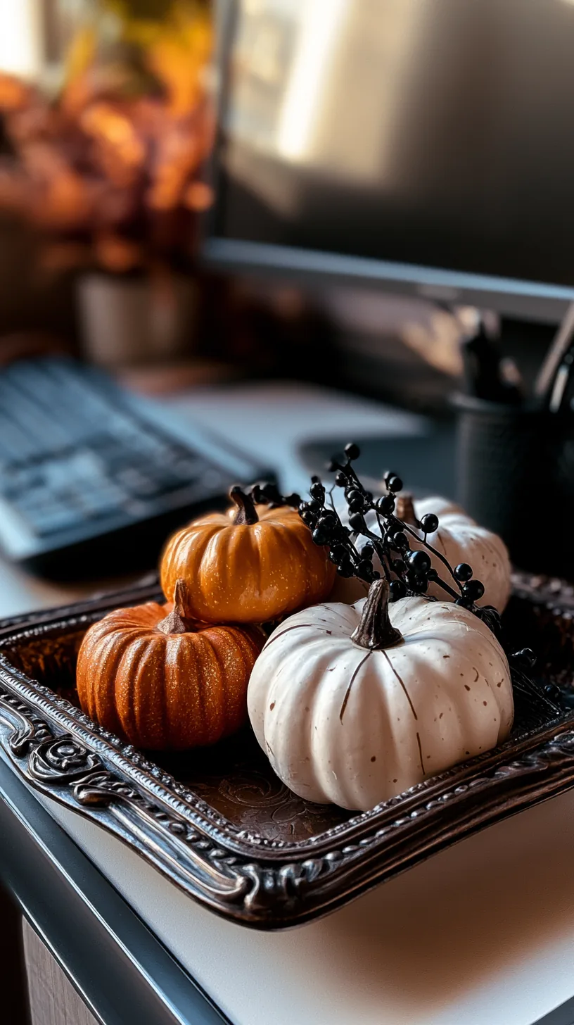 mini faux pumpkins stacked in a small vintage metal tray beside a monitor, photo 3 of 4