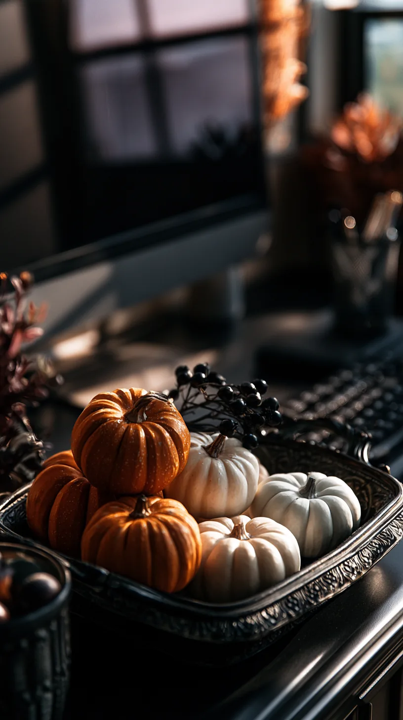 mini faux pumpkins stacked in a small vintage metal tray beside a monitor, photo 4 of 4