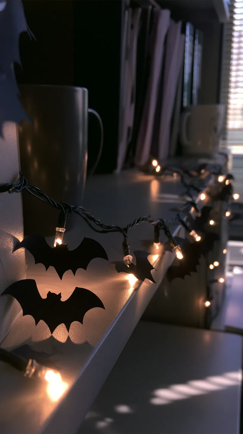 string lights with black bat silhouette shades clipped along an office shelf, photo 1 of 4