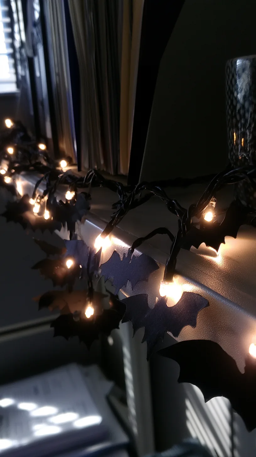 string lights with black bat silhouette shades clipped along an office shelf, photo 2 of 4