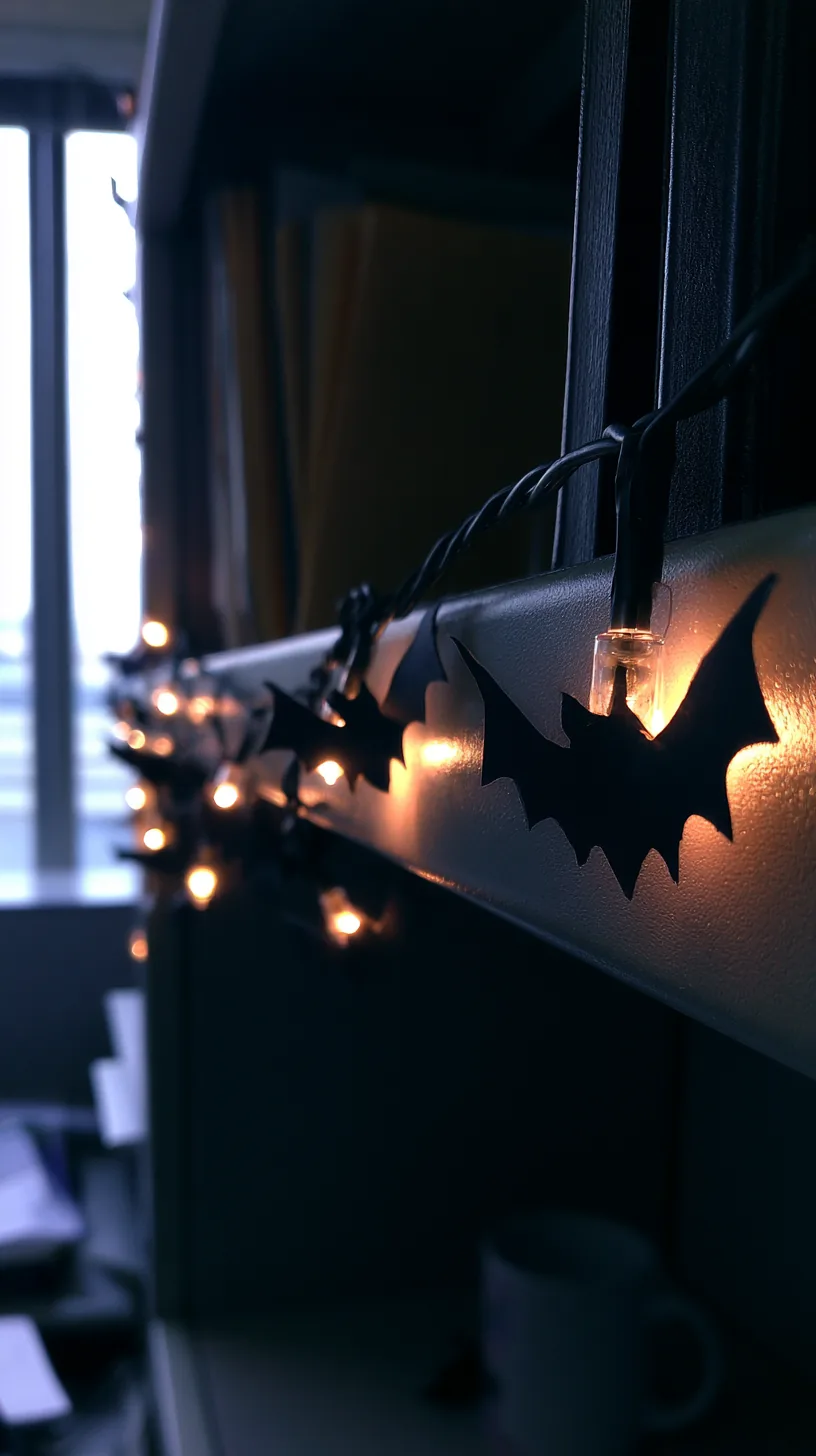 string lights with black bat silhouette shades clipped along an office shelf, photo 3 of 4